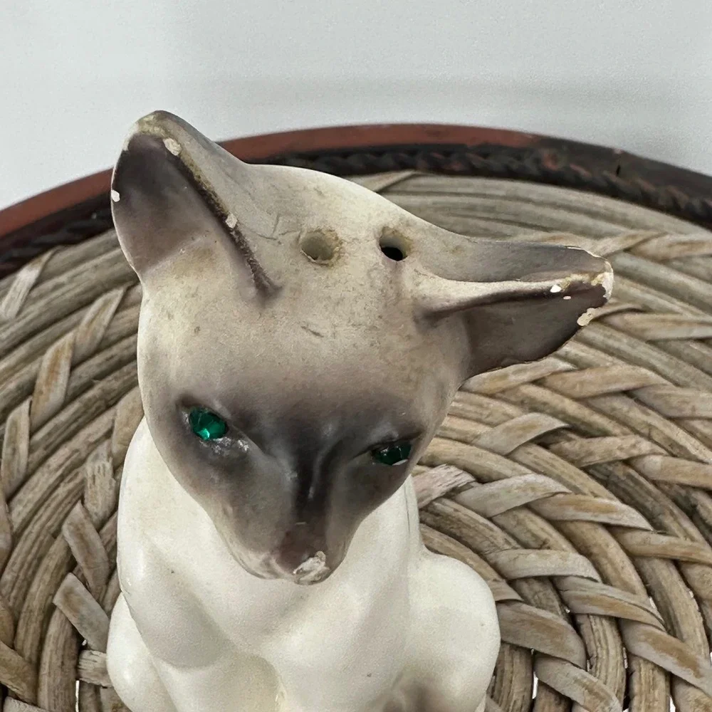 Vintage Siamese‎ Cat Figurines Emerald Eyes Sitting Pair Ceramic Decor 4 in FAIR